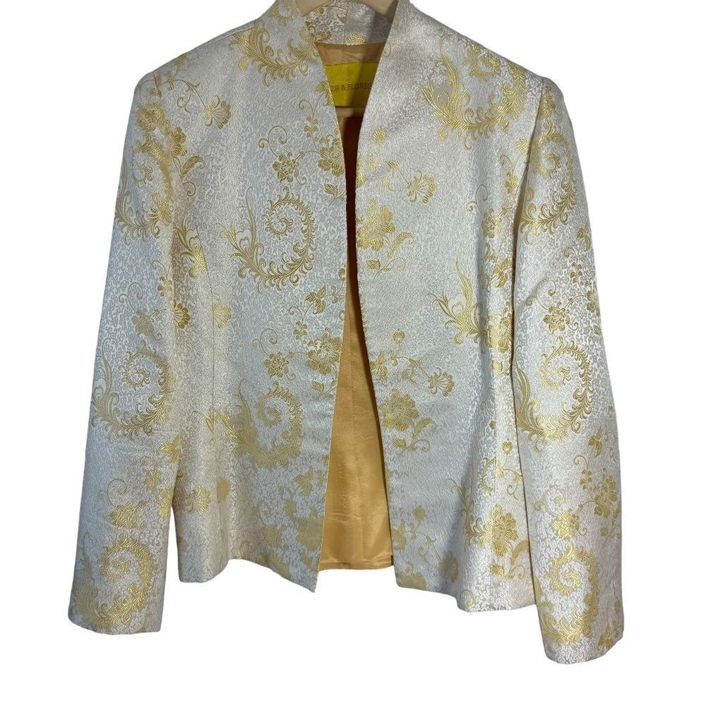 Flores‎ & Flores Cream/Gold Brocade Open Front Jacket Sz 10